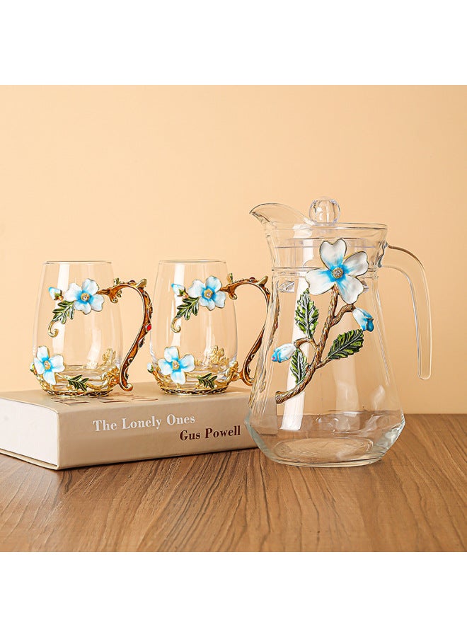 عام مجموعة إبريق وكوب زجاج كريستال مطبوع بالمينا بزهرة الربيع، إبريق بسعة كبيرة فاخر، كوب شاي زهري للشرب المنزلي - Image 1